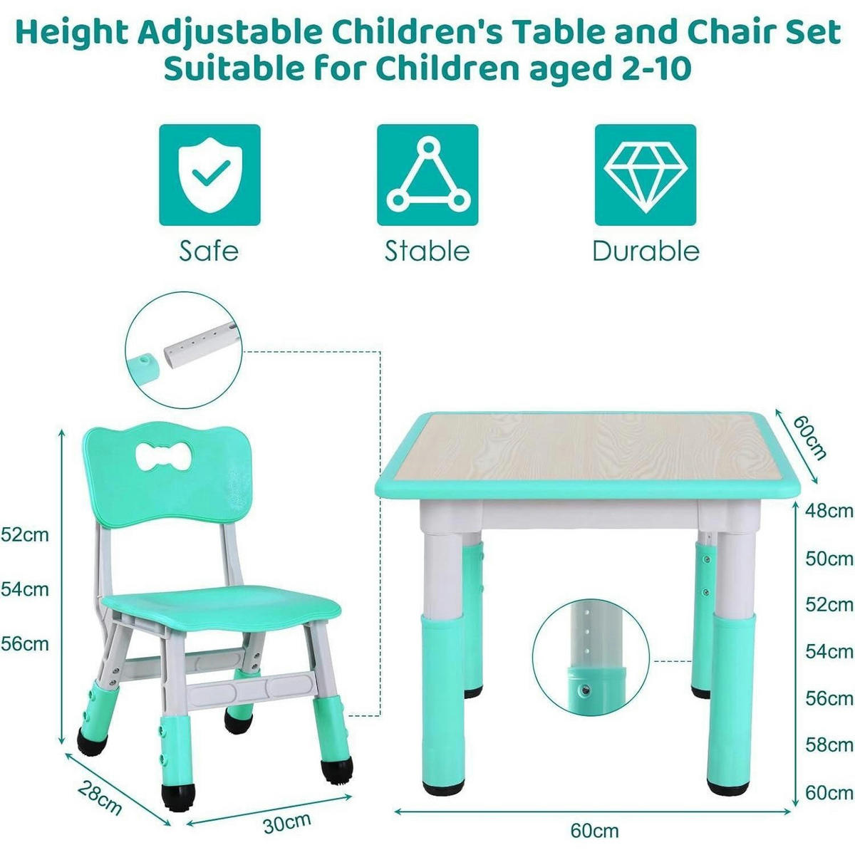 KINDERTISCH mit 2 Stühlen 3-teiliges Set höhenverstellbar Minzgrün - Multicolor, Kunststoff (60/60/60cm)