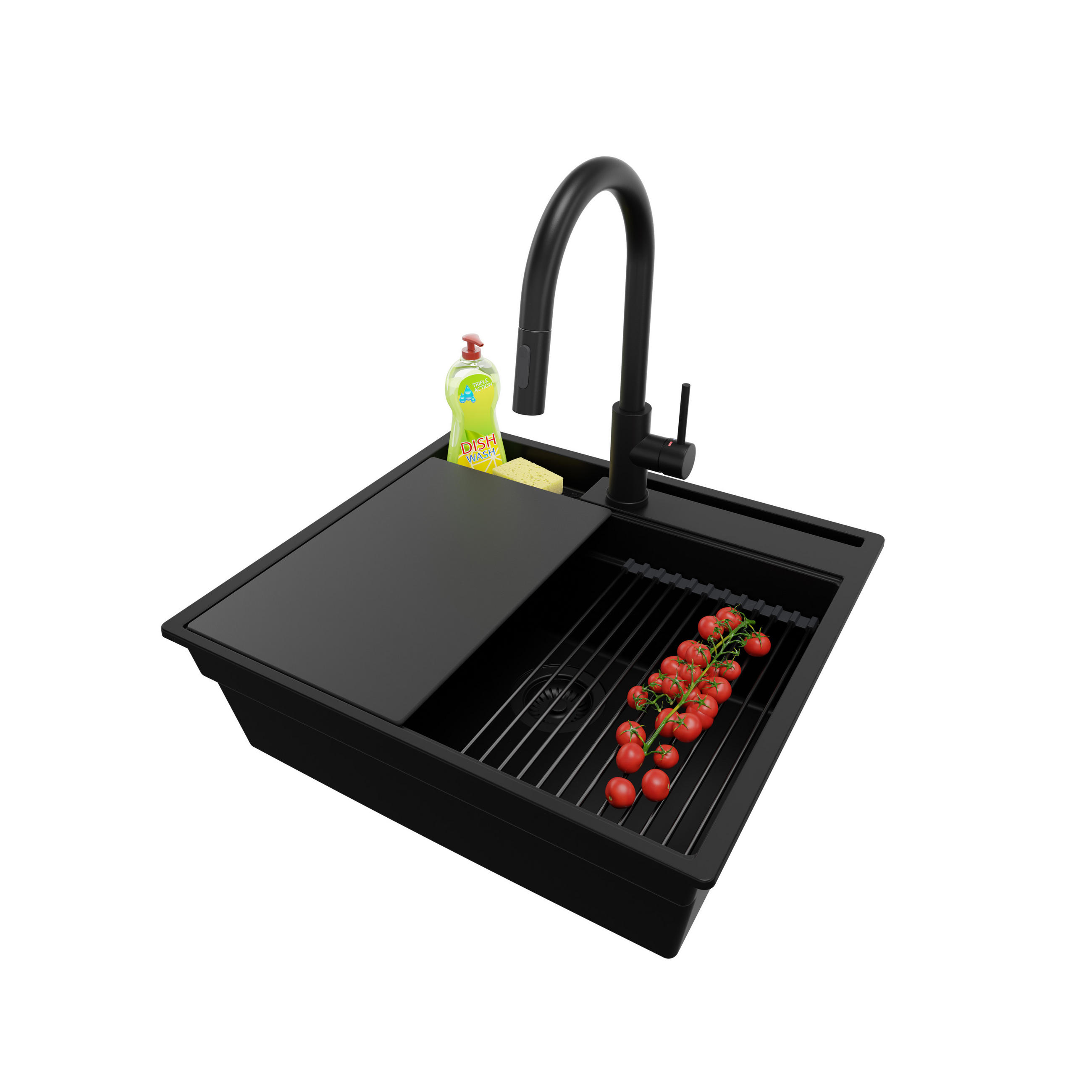 GRANITSPÜLE Oslo Pocket, 2-er set Alles Schwarz 58/53 cm 1 Becken + Küchenarmatur 40/20 cm + Ablauf-Set + Küchenzubehörset ab 60er Unterschrank - Schwarz, Kunststoff (58/20/53cm) - Primagran