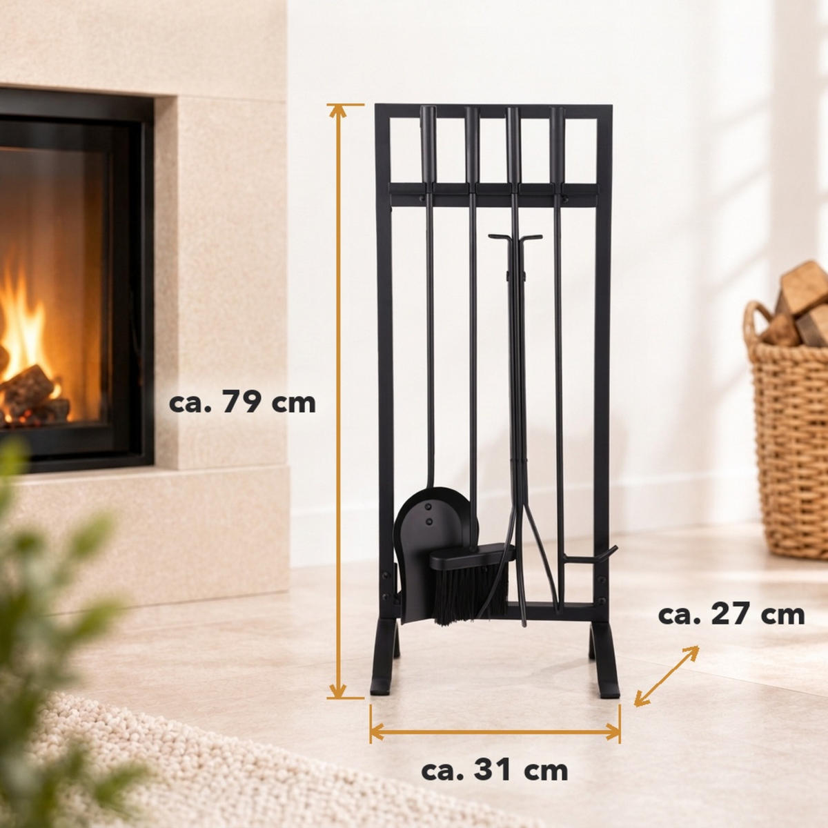 SET Negru 5-piese ustensile șemineu fier 79 cm - negru, metal (31/79/27cm) - Relaxdays