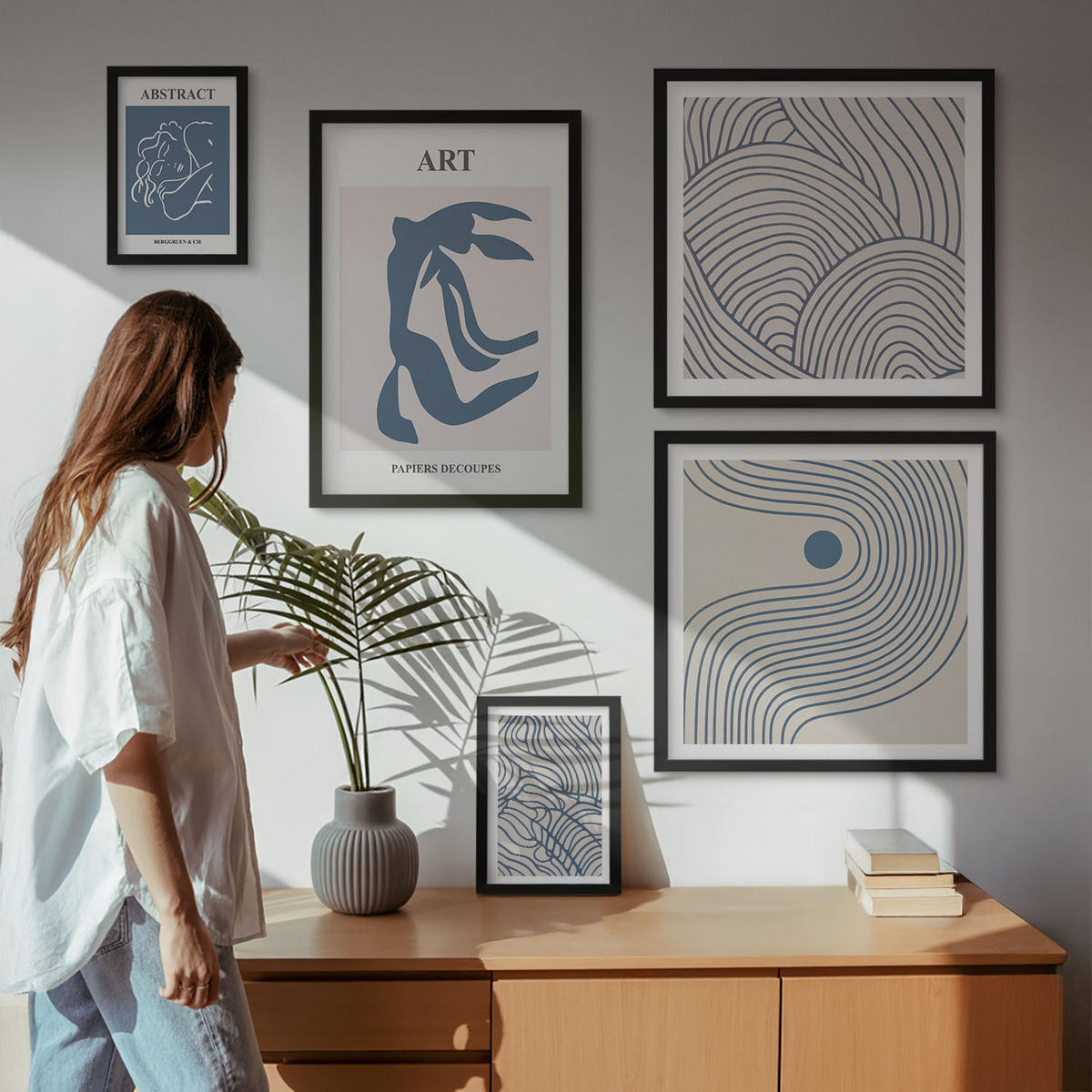 WANDBILDER 5er-Set - 50x50 cm & 20x30 cm & 40x60 cm Schwarzer Rahmen - Abstrakte blaue Linien - Schwarz, Kunststoff (40/60cm) - ArtPrintCave