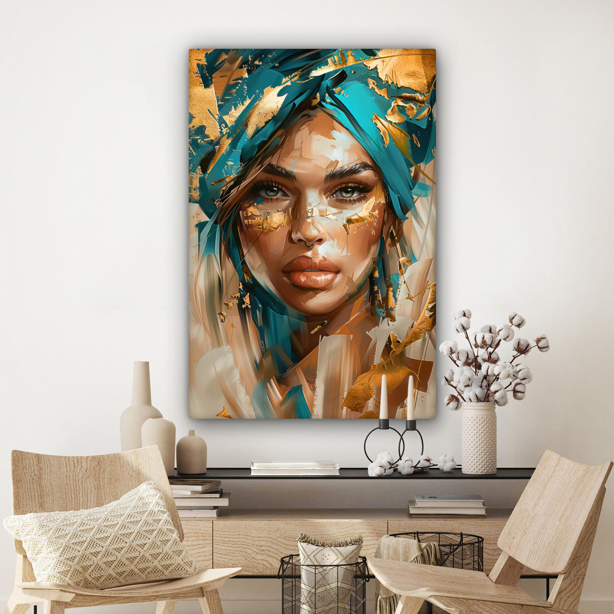 LEINWANDBILD - Frau - Porträt - Gold - Luxus - Blau - 80x120 - Wanddeko - Türkis, Textil (80/120cm) - MuchoWow