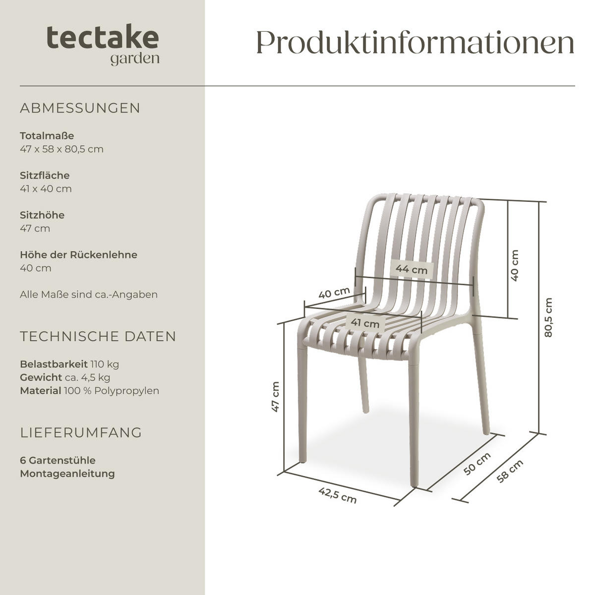 GARTENSTÜHLE Alcudia,47 x 58 x 80,5 cm, Belastbarkeit 110 kg,taupe - Taupe, Textil (47/80.5/58cm) - tectake