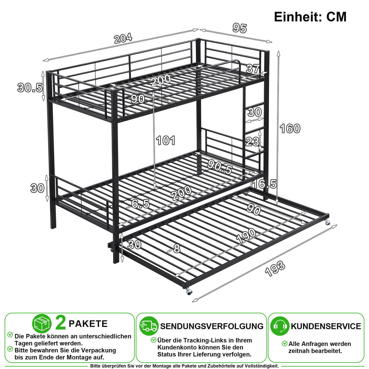 ETAGENBETT 90/200 cm & 90/190 cm in Schwarz mit Ausziehbett und Leiter - Schwarz, Metall (90/200cm) - CHICFURN