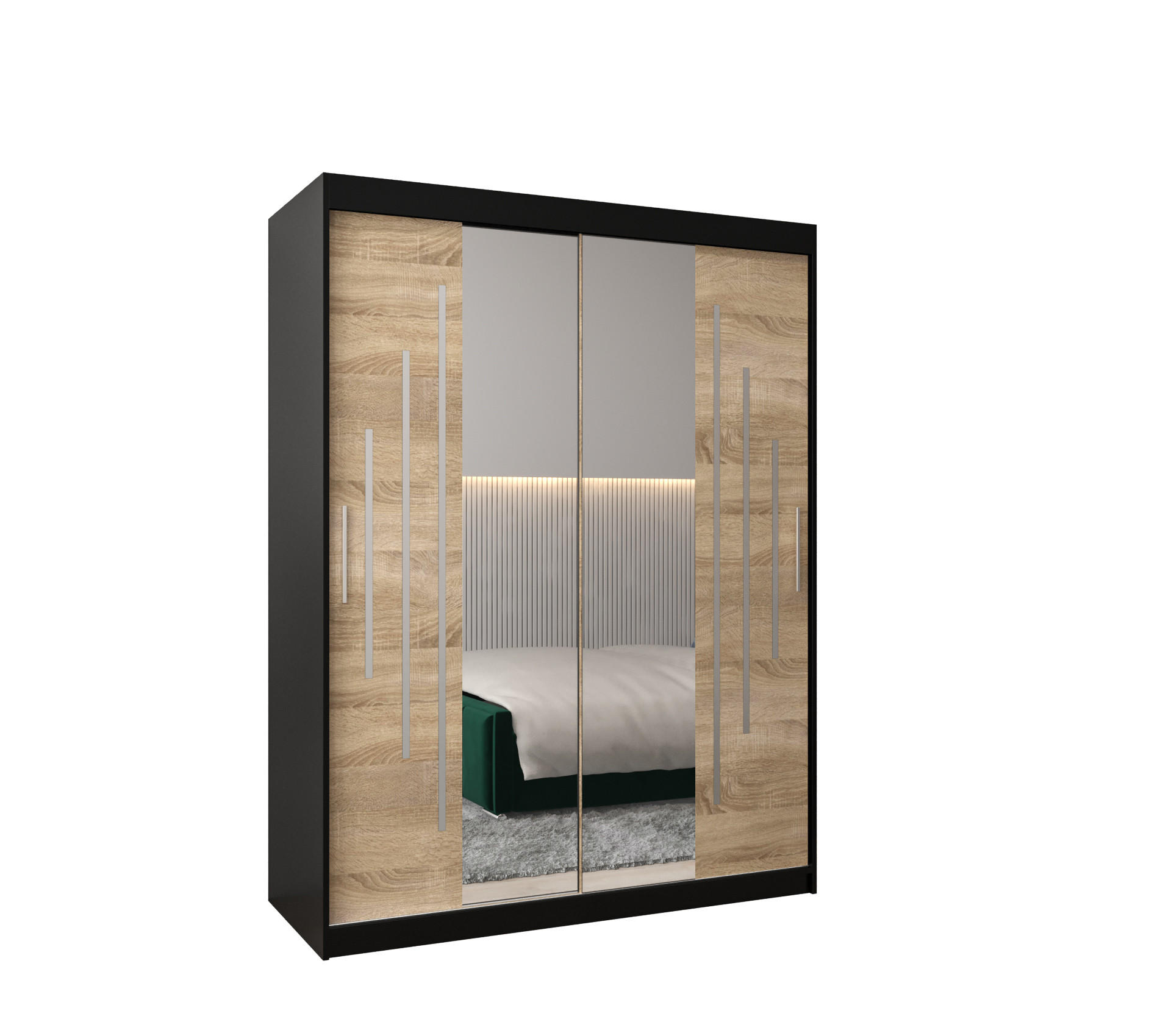 Abiks Möbel Schwebetürenschrank Schwarz, Sonoma Eiche 150x200x62 cm