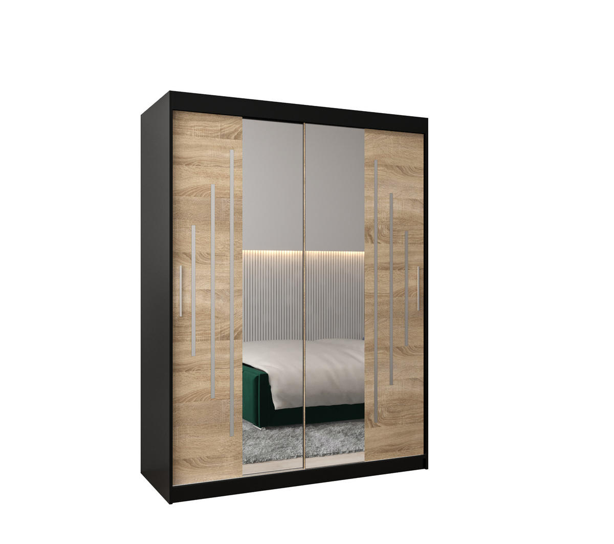 SCHWEBETÜRENSCHRANK 200/150/62 2-türig - Silberfarben/Schwarz, Holz/Kunststoff (150/200/62cm) - Abiks Möbel