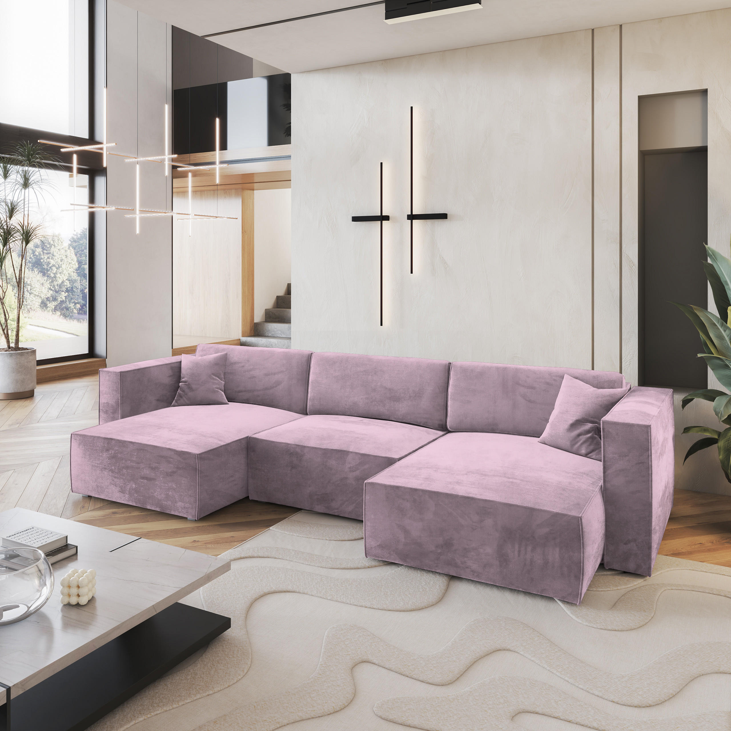 WOHNLANDSCHAFT SARMO M Lila Velours-Stoff mit Schlaffunktion - Lila, Holz (347/70/148cm) - MASSENO