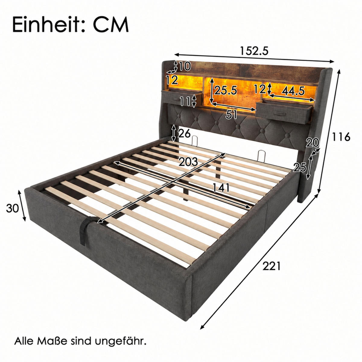 POLSTERBETT 140/200 mit Bettkasten, LED und USB in Grau - Grau, Holzwerkstoff/Textil (140/200cm) - EVRYAE