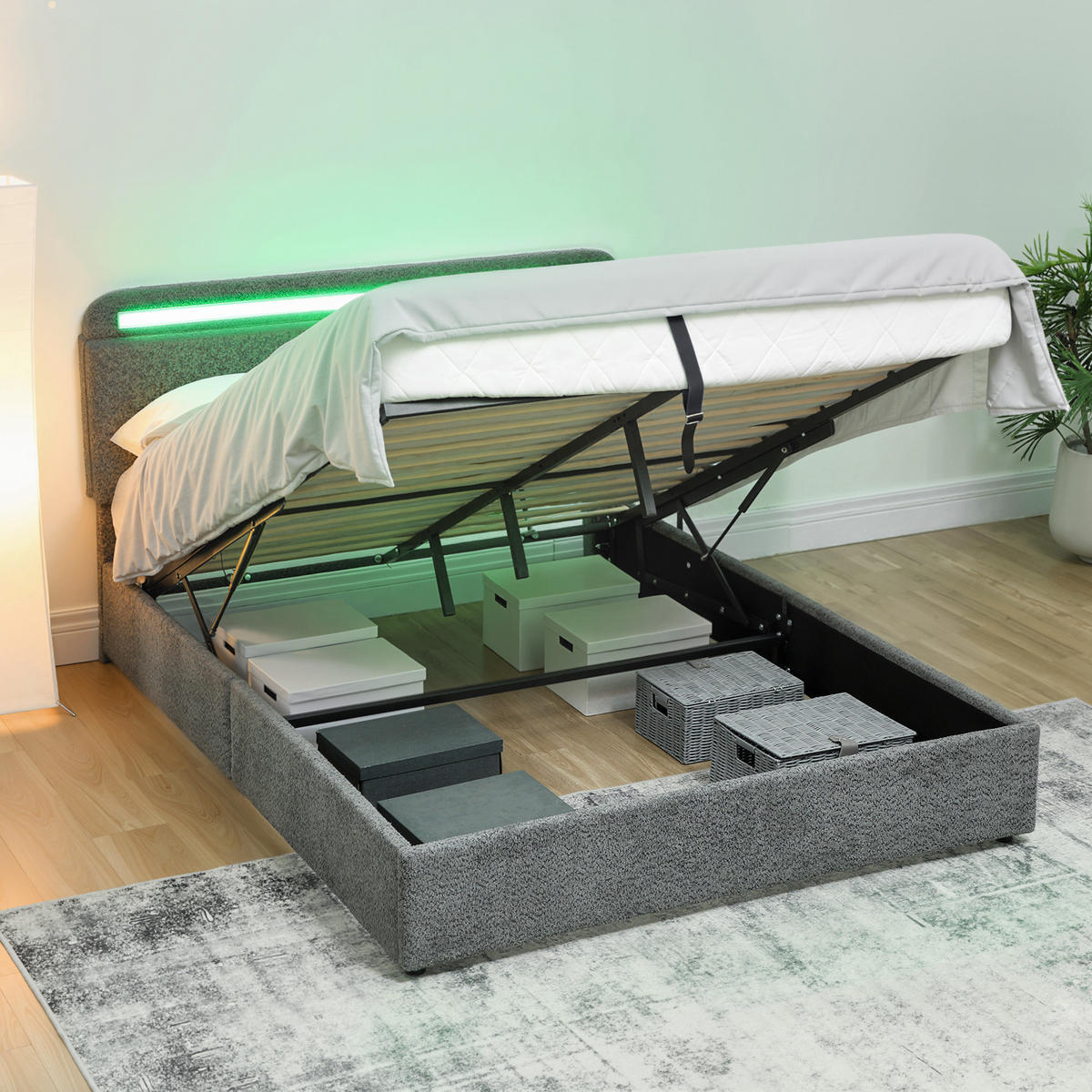 BETT 140x190 cm DE-14653 mit LED-Beleuchtung & verstellbarem Kopfteil Grau - Grau, Textil (140/190cm) - ComfortXL