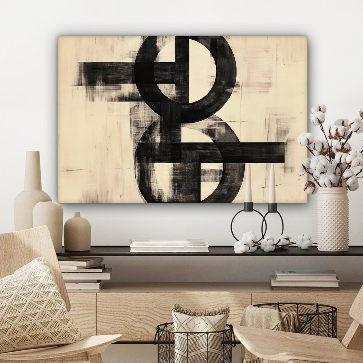 LEINWANDBILD Kreise - Balken - Schwarz - Abstrakt Wanddeko 90x60 cm - Schwarz, Textil (90/60cm) - MuchoWow