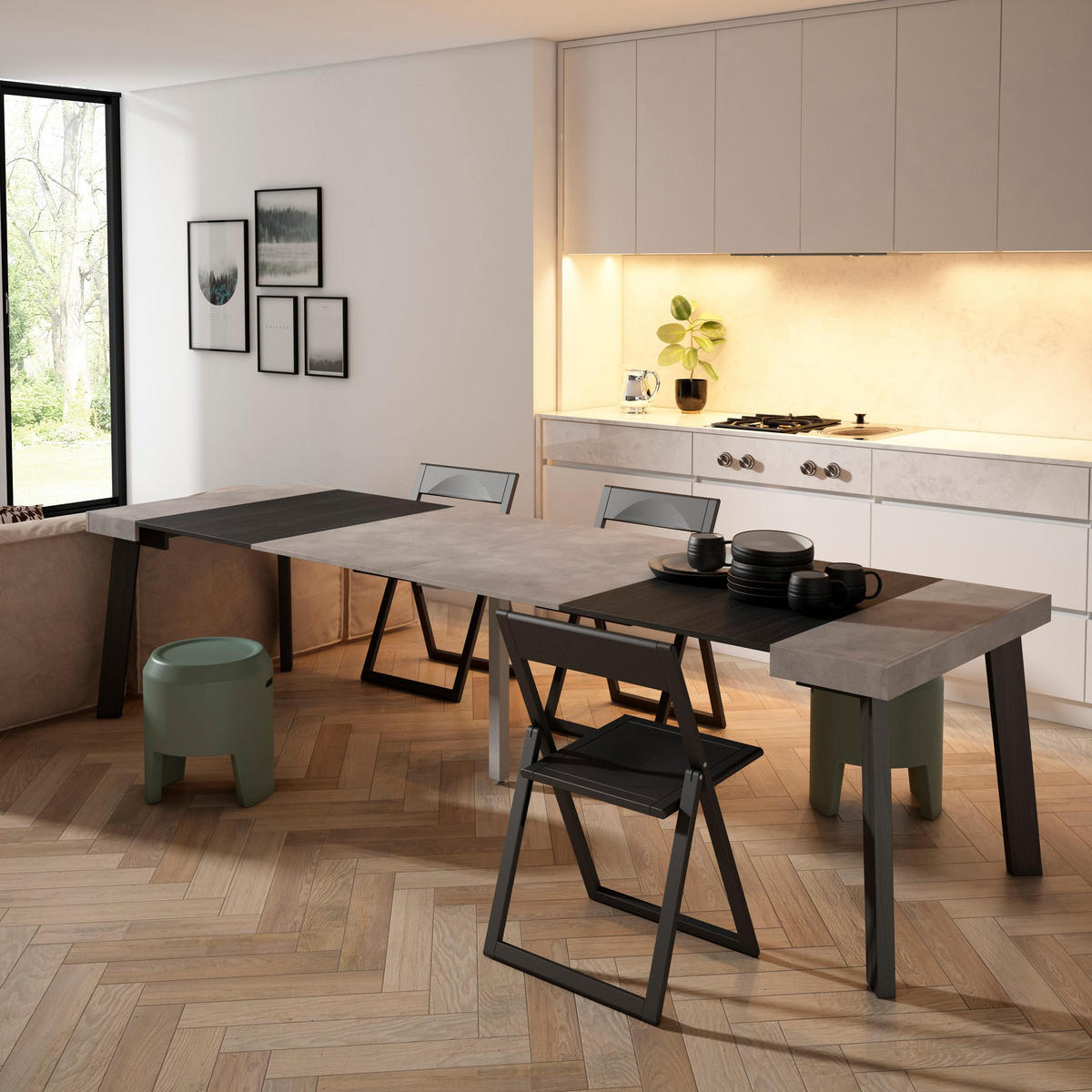 KONSOLENTISCH ausziehbar 58 bis 302cm, für 14 Gäste, zementgrau, 90/58/73cm - Schwarz/Grau, Holzwerkstoff (90/302/73cm) - Skraut Home