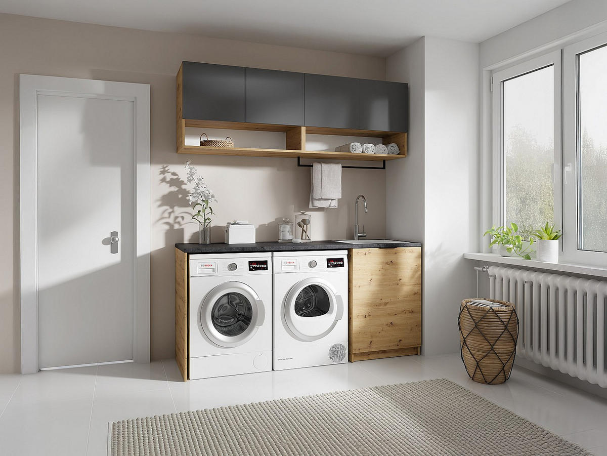 WASCHKÜCHENMÖBEL für Waschmaschine mit Arbeitsplatte - 182 cm - Anthrazit & Holzfarben hell - NATAJI - Anthrazit, Holz (182/88/60cm) - Vente-Unique