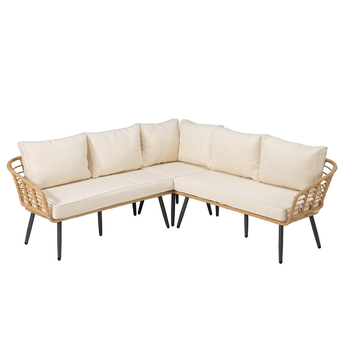 LOUNGESET - Polyrattan / Polyester - Braun / Creme - 4-teilig - Beige/Braun, Naturmaterialien/Glas - home24