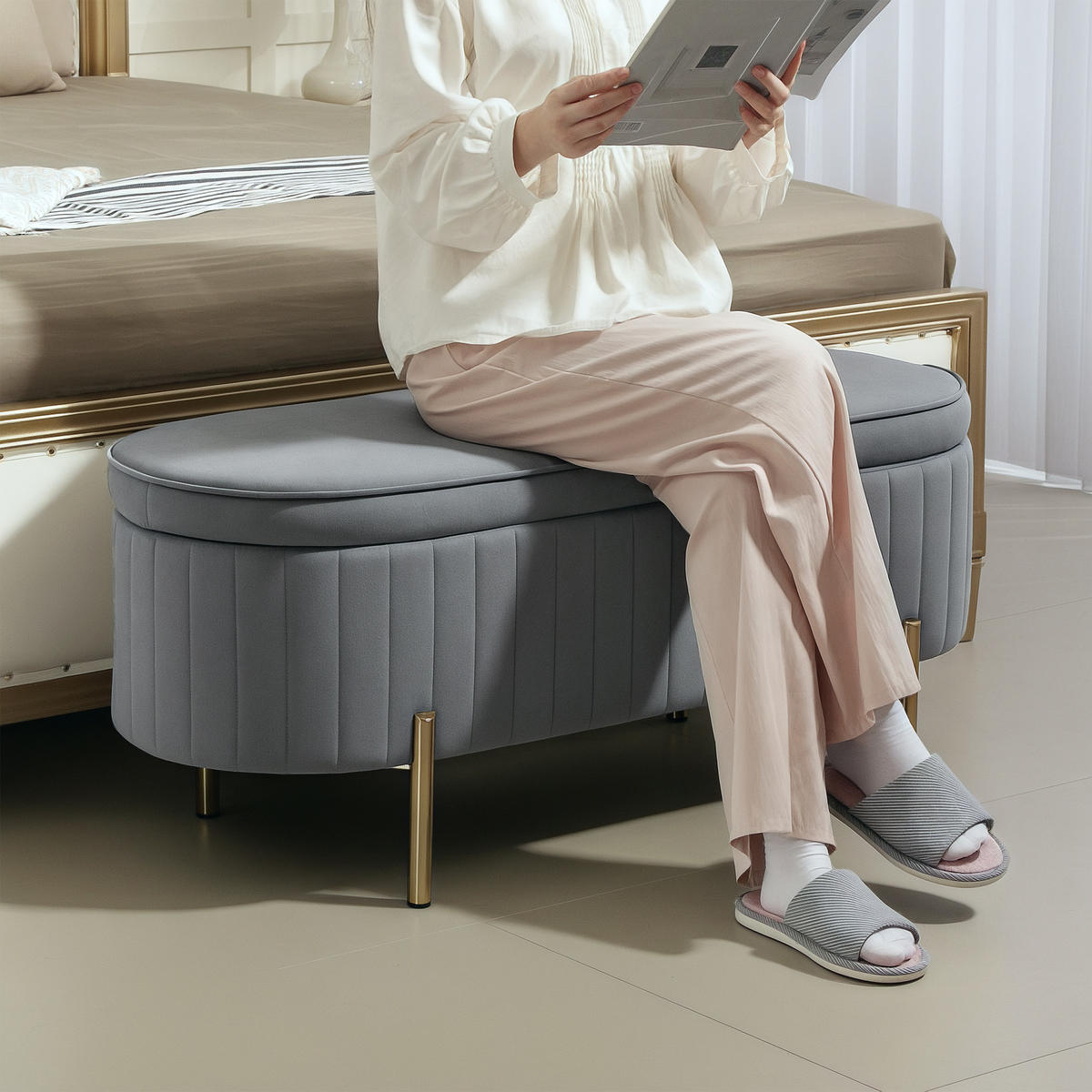 TRUHENBANK DE-16428 oval mit Samtbezug und Stauraum Grau - Grau, Textil (108/43.5/44cm) - ComfortXL