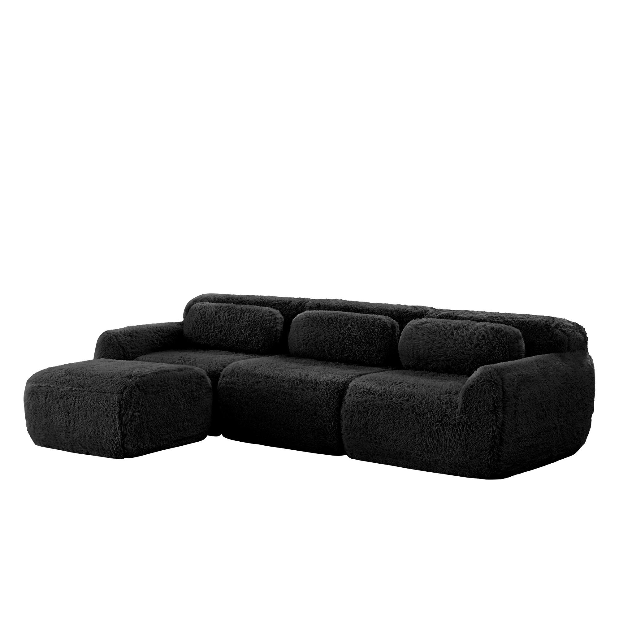 ECKSOFA Plüsch Schwarz mit Kissen - Schwarz, Textil (291/179cm) - WISHDOR