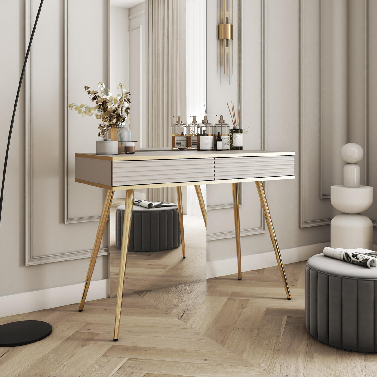 KONSOLENTISCH FORNO (Beige, Rillenfront, Goldene Details, 2 Schubladen, goldene Metallfüße, 102 cm) - Gelb/Beige, Holz/Holzwerkstoff (50/102/80cm) - Ravio