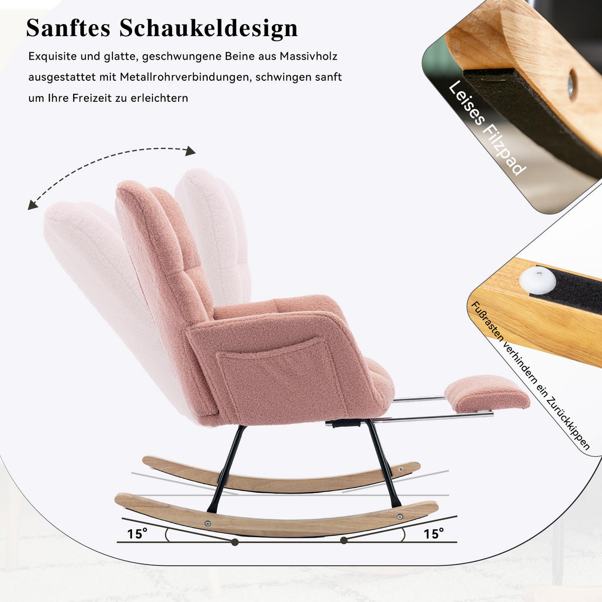 SCHAUKELSTUHL Teddy-Stoff mit klappbarer Fußablage 80/98/98.5 cm Rosa - Rosa, Textil (98/98.5/80cm) - Redom