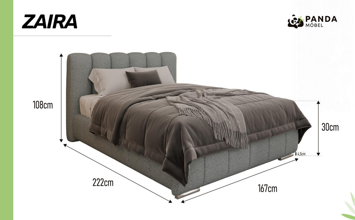 POLSTERBETT Zaira 140x200cm – Elegantes Polsterbett für modernen Wohnstil , Taschenfederkernmatratze Pocket KOKOS (20cm), Blaugrau - Blaugrau, Holz (140/200cm) - Panda Möbel