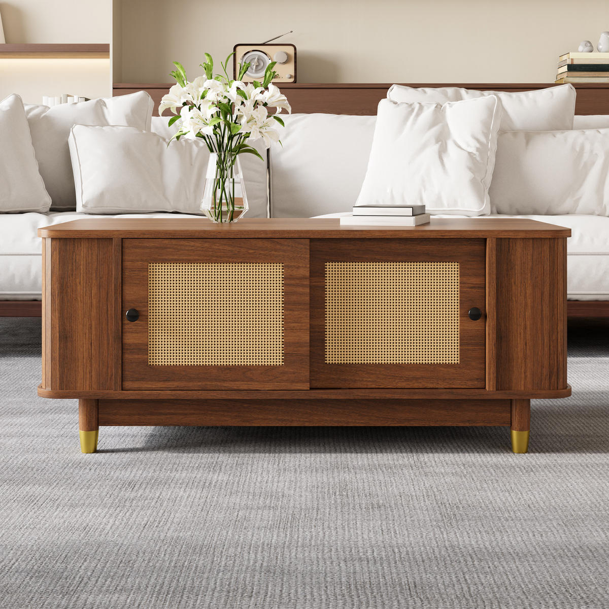 COUCHTISCH Rattan Schiebetüren abgerundet Stauraum modern - Walnussfarben, Holzwerkstoff (100/50/42cm) - FLIEKS