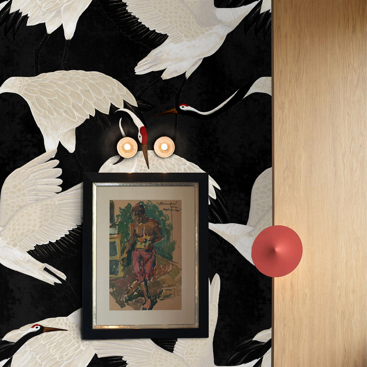 TAPETE Reiher aus echtem Papier, 200x280cm, 8 Bögen - Schwarz, Papier (200/280cm) - WALLPAPERS4BEGINNERS