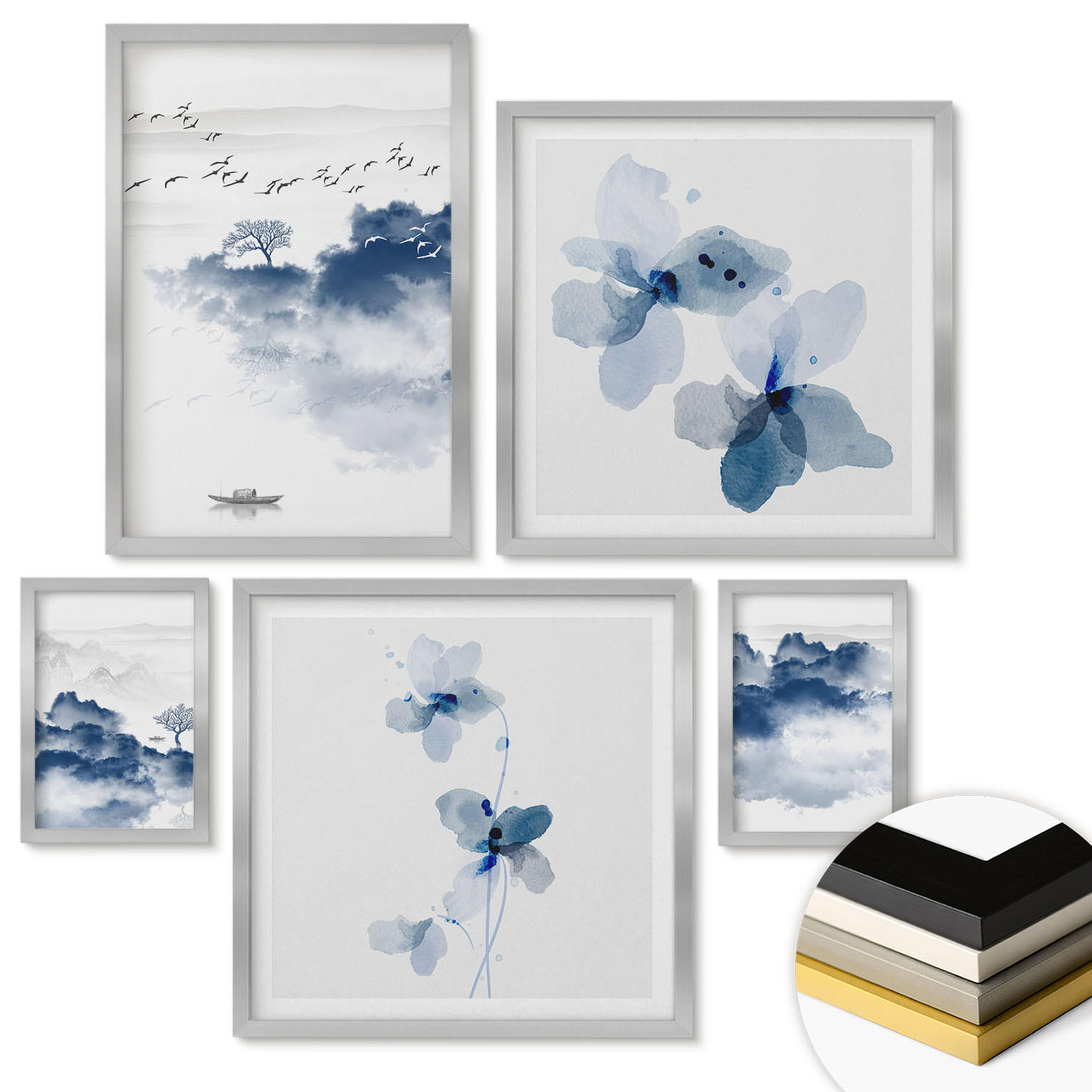 WANDBILDER 5er Set - 50x50 cm & 20x30 cm & 40x60 cm Silberner Rahmen - Berge, Wolken, Bäume, Vögel im Hintergrund - Silberfarben, Kunststoff (40/60cm) - ArtPrintCave