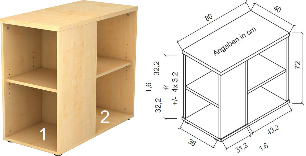 ANSTELLCONTAINER - mit 4 Regalfächern 80/40/72 cm in Buchefarben - Buchefarben, Holzwerkstoff (40/72/80cm) - bümö