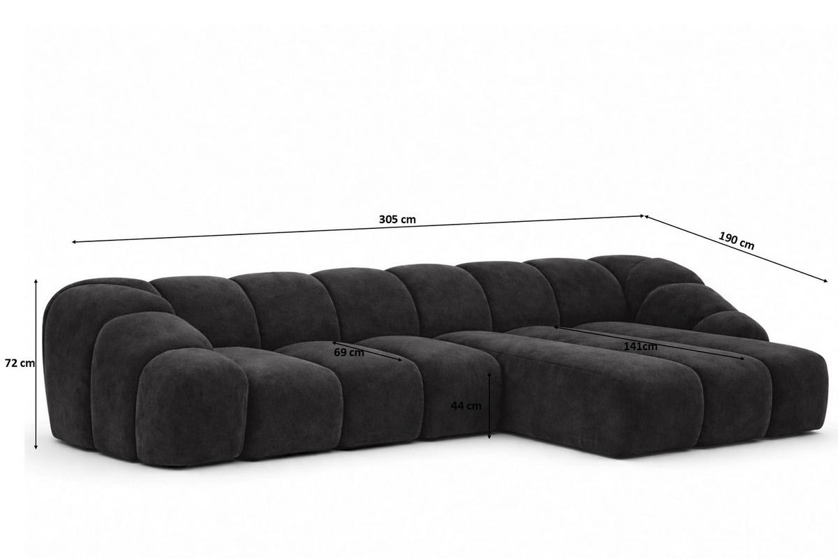ECKSOFA Modulare L-Form, Veloursstoff Bluvel, Schwarz, Rechts, CROISSANT L - Schwarz, Holz (305/190cm) - Kaiser Möbel