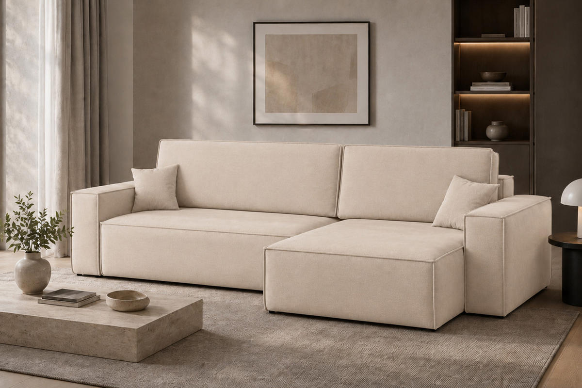 ECKSOFA L-Form Mit Schlaffunktion Und Bettkasten, Veloursstoff Bluvel, Creme, Rechts, BEST XL - Creme, Holz (274/142cm) - Kaiser Möbel