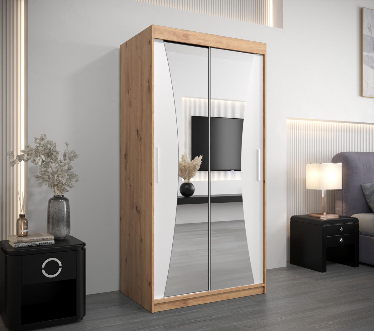 SCHWEBETÜRENSCHRANK 200/100/62 2-türig - Silberfarben/Weiß, Holz/Kunststoff (100/200/62cm) - Abiks Möbel