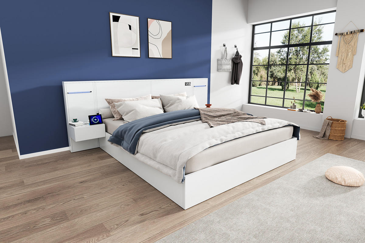 BETT mit Bluetooth-Lautsprecher, LED und 2 Nachttischen 160x200 cm MDF Weiß - Weiß, Metall (160/200cm) - Meubliv