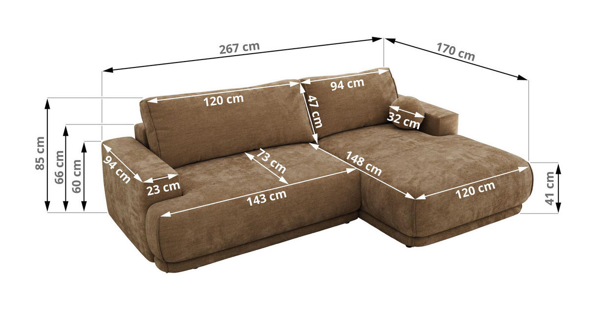 ECKSCHLAFSOFA RINA L Braun Schenille glatt - links - Schwarz/Braun, Kunststoff/Textil (267/170cm) - MKS