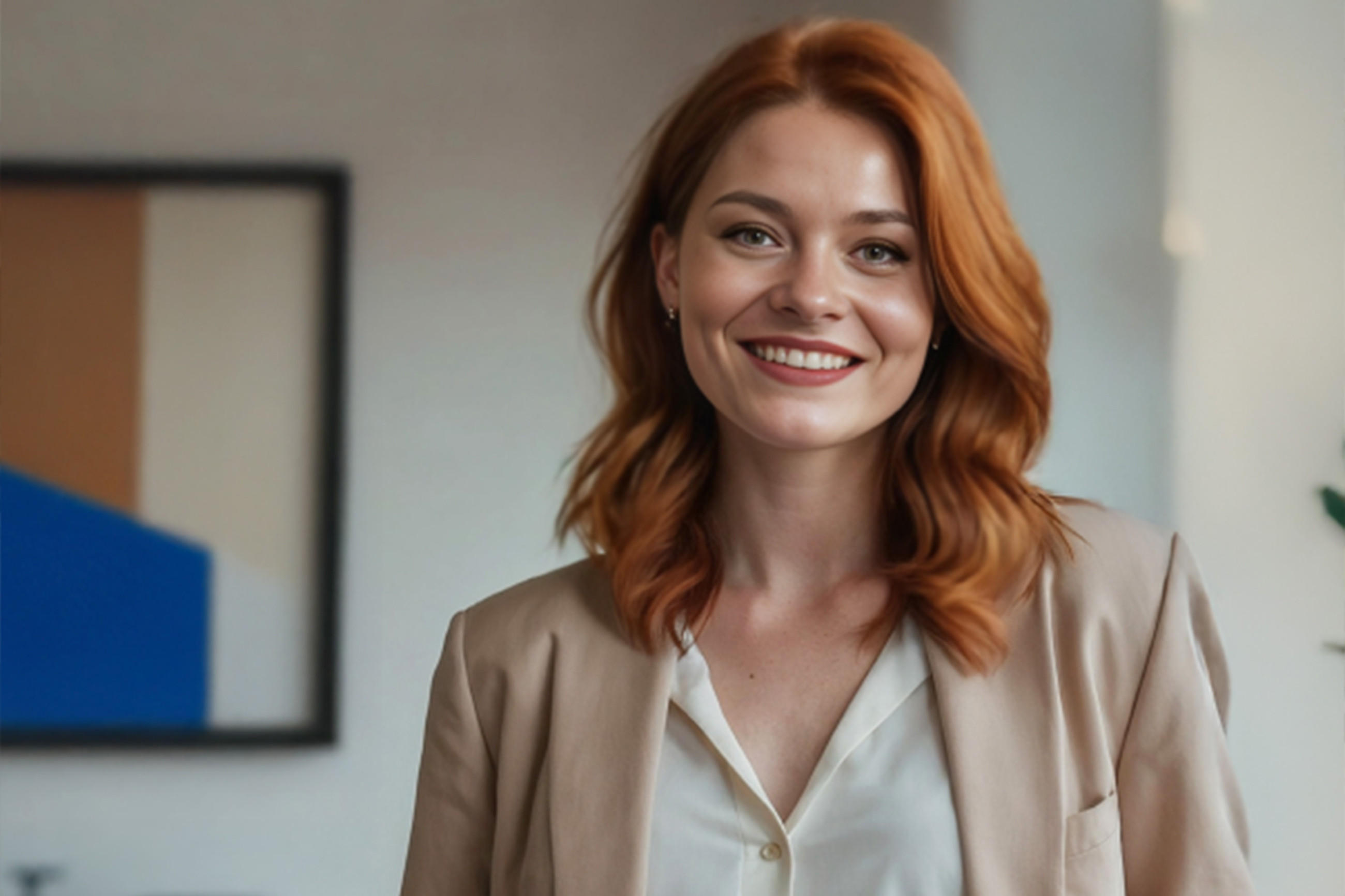Eine lächelnde Frau mit roten Haaren in einem Büro, Lucy Homefield, strahlt Freude und Professionalität aus.