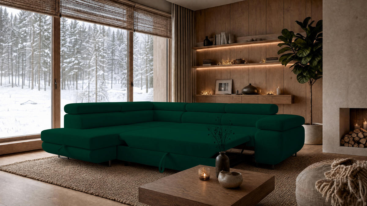 ECKSOFA Velmo mit Bettkasten und Schlaffunktion, verstellbaren Kopfstützen, in L-Form - Dunkelgrün, Textil (275/203cm)