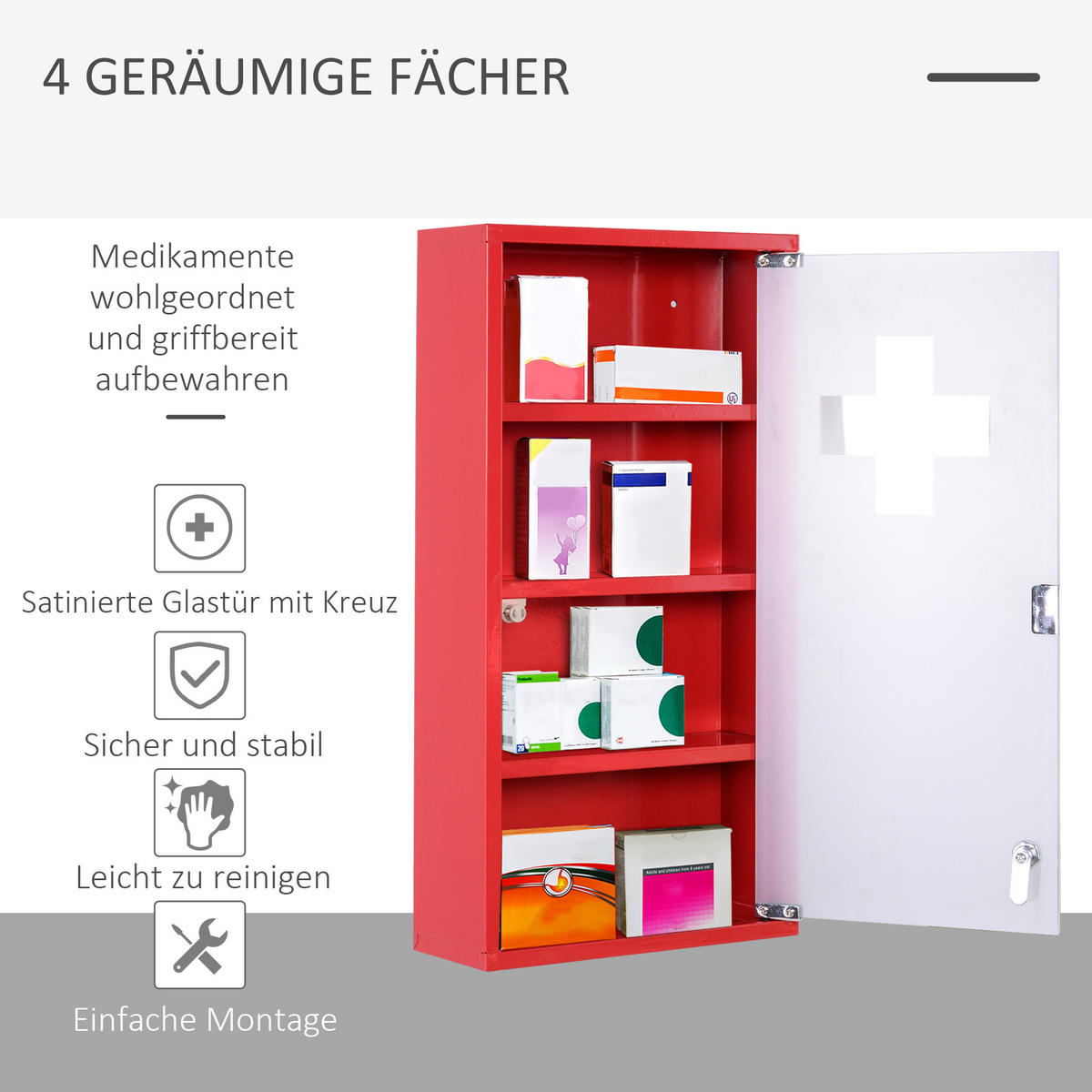 METALL Medizinschrank Arzneischrank Ersthilfe Schrank 4 Fach Rot Drehtür - Rot, Glas/Metall (12/60/30cm) - HOMCOM