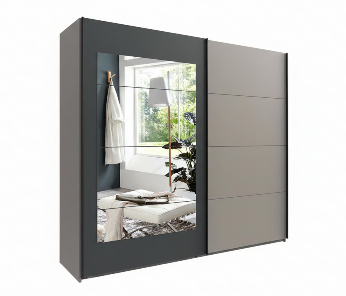 SCHWEBETÜRENSCHRANK 2-türig, Spiegeltür 225/208/65 cm, Kleiderstangen, Einlegeböden, Sand Grau mit Spiegeltür in Anthrazit / 22009 - Sandfarben/Anthrazit, Holzwerkstoff/Metall (225/208/65cm) - luma-home