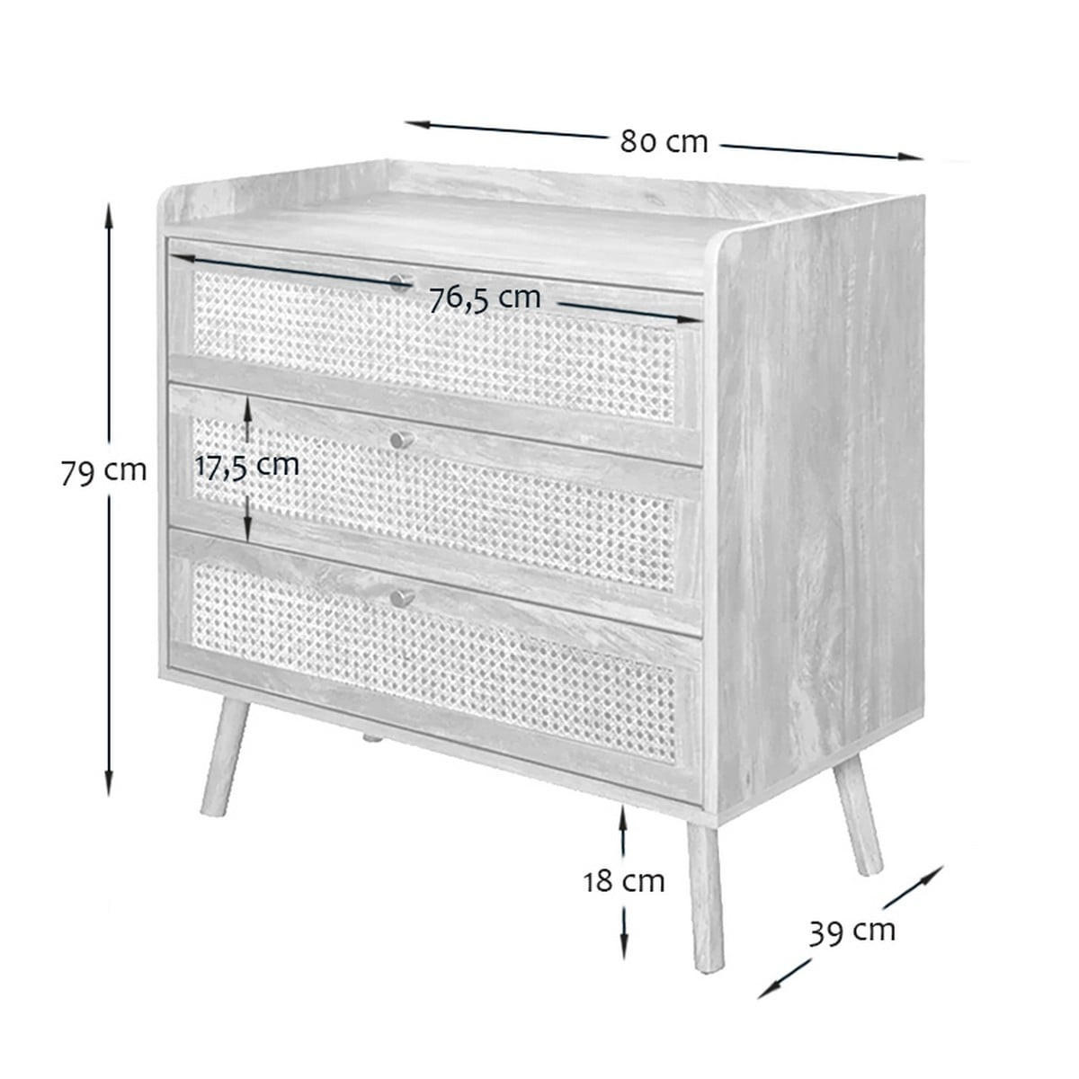 KOMMODE mit 3 schubladen und fronten aus natürlichem rattan - palmo 80/39/79 cm - Eschefarben, Holzwerkstoff (80/79/46cm) - Calicosy