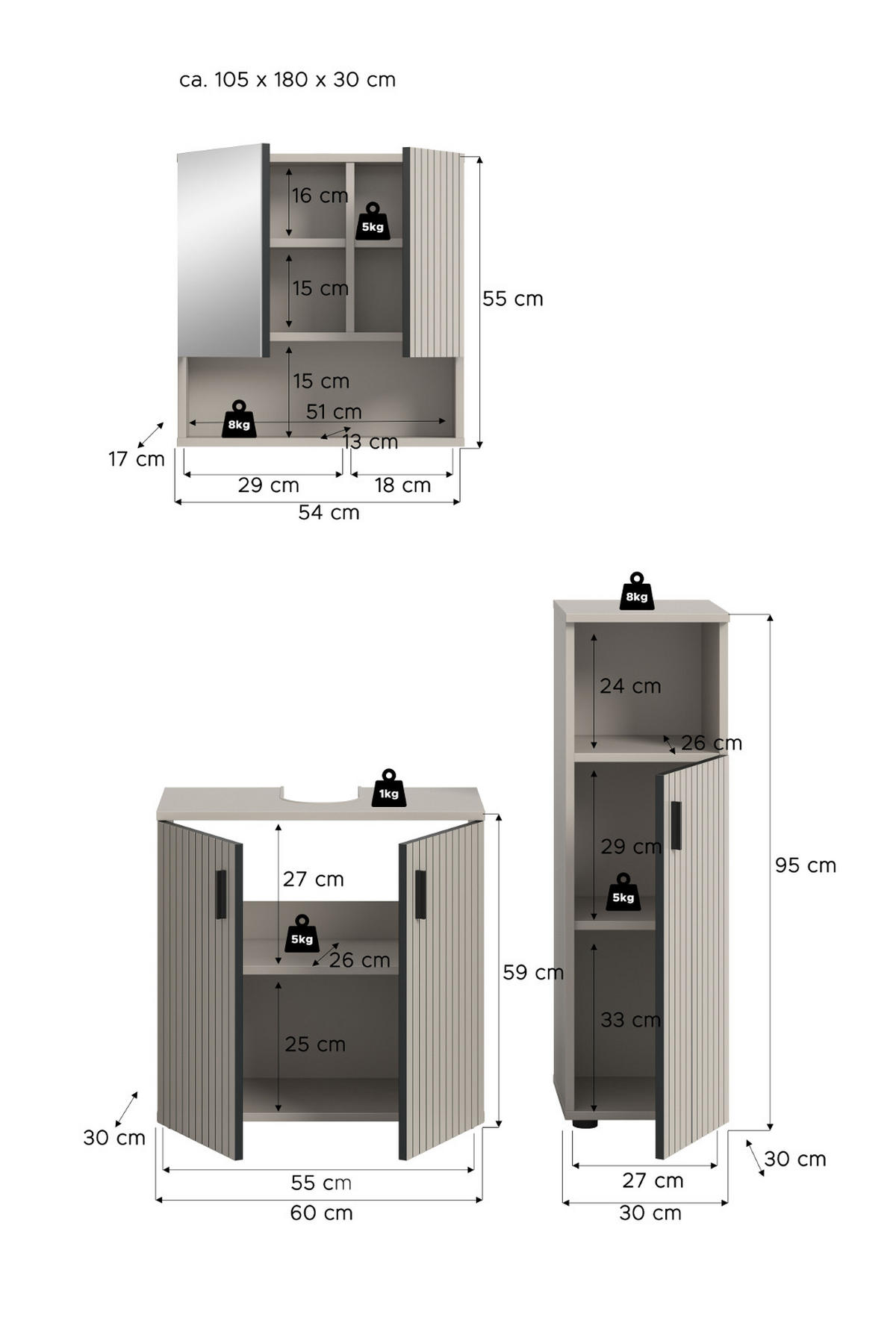 BADMÖBEL-SET Kaschmir 3-teilig 105 cm, Badkombination in modernem Design - Kaschmir/Schwarz, Glas/Holzwerkstoff (105/180/30cm) - Inn.Furn