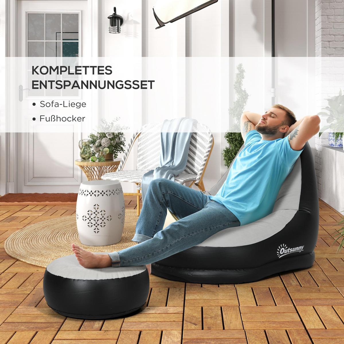 AUFBLASBARES SOFA, Hellgrau+Schwarz, Kunststoff - Hellgrau, Kunststoff (100/87/100cm) - Outsunny