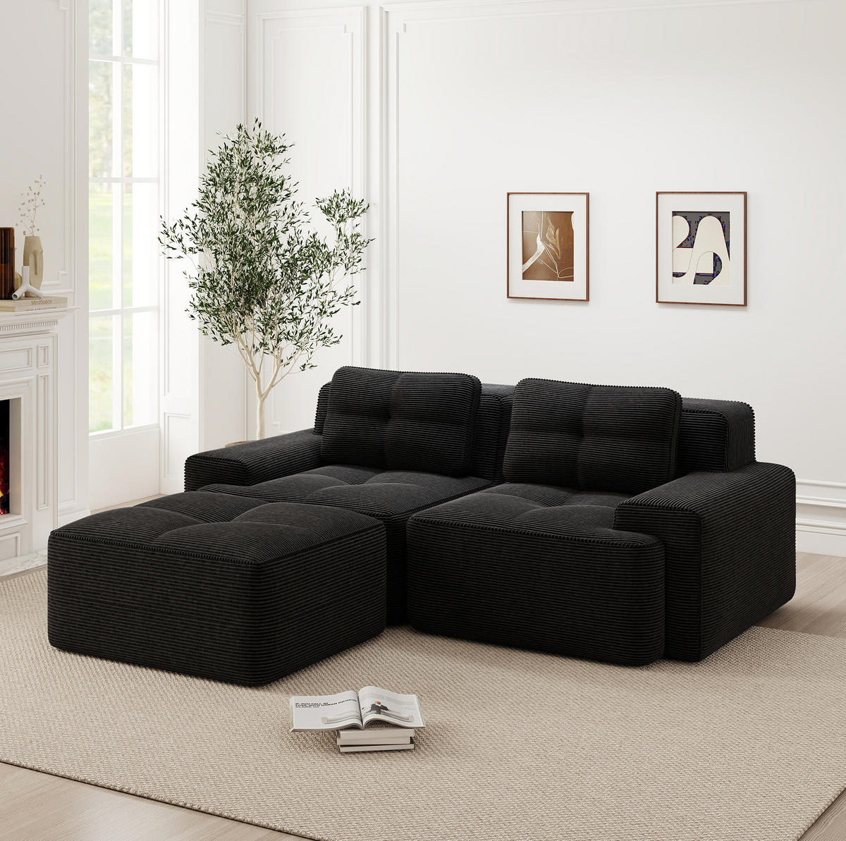 SOFA modular mit Tiefsitz Corduroy Black - Schwarz, Kunststoff (177/204cm) - Meubliv