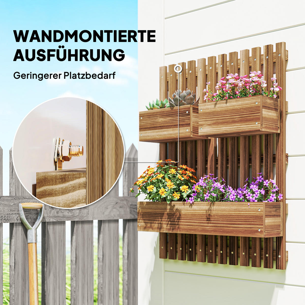 BLUMENKASTEN, Bewegliches Hochbeet, Pflanzkasten mit Spalier Massivholz Verkohlt - Braun, Holz (16/80/60cm) - Outsunny