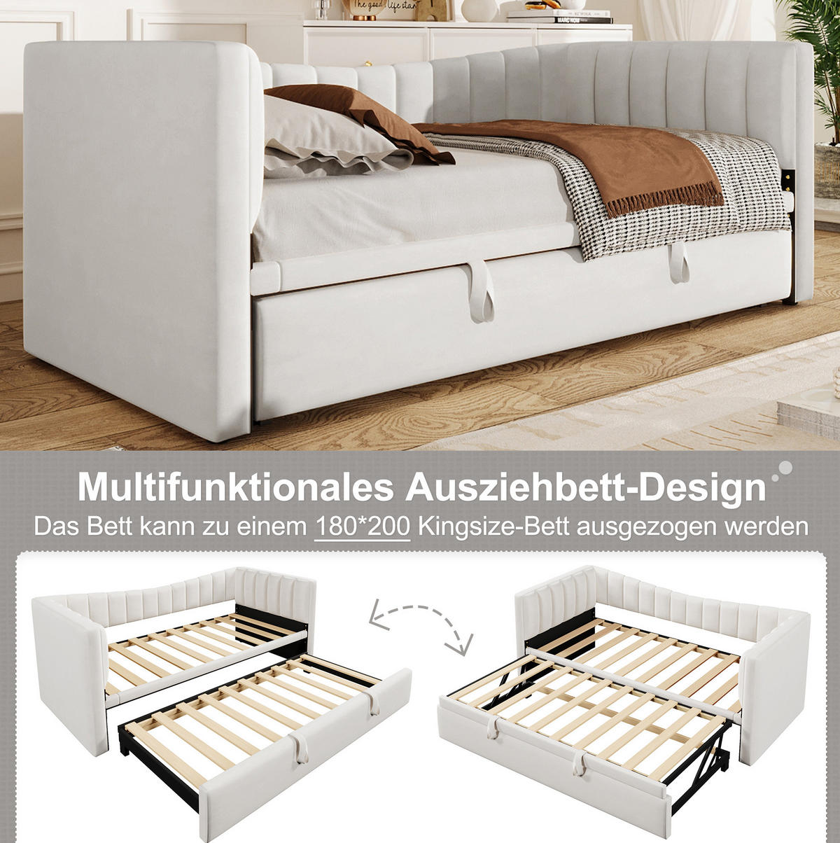 POLSTERBETT 90/200 cm mit ausziehbarem Rollbett und Samtbezug, platzsparend, Weiß - Weiß, Textil (180/200cm) - Redom