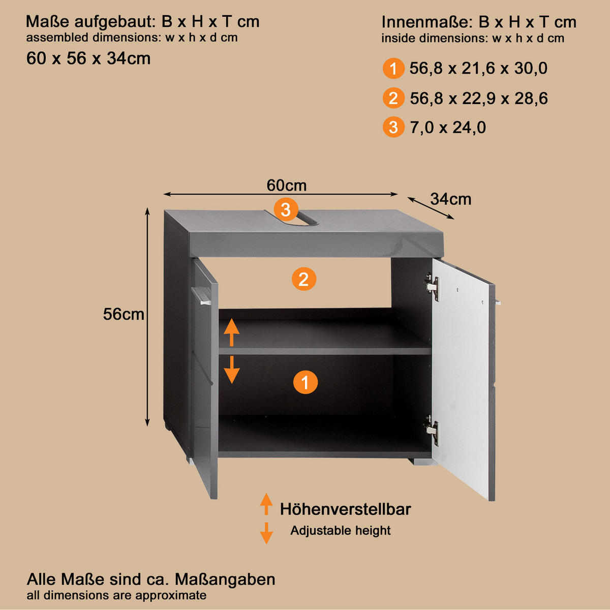 WASCHBECKENUNTERSCHRANK grau Hochglanz 60 x 56 cm, Badschrank 2-türig - Grau, Holzwerkstoff/Kunststoff (60/56/34cm) - Top.Furn