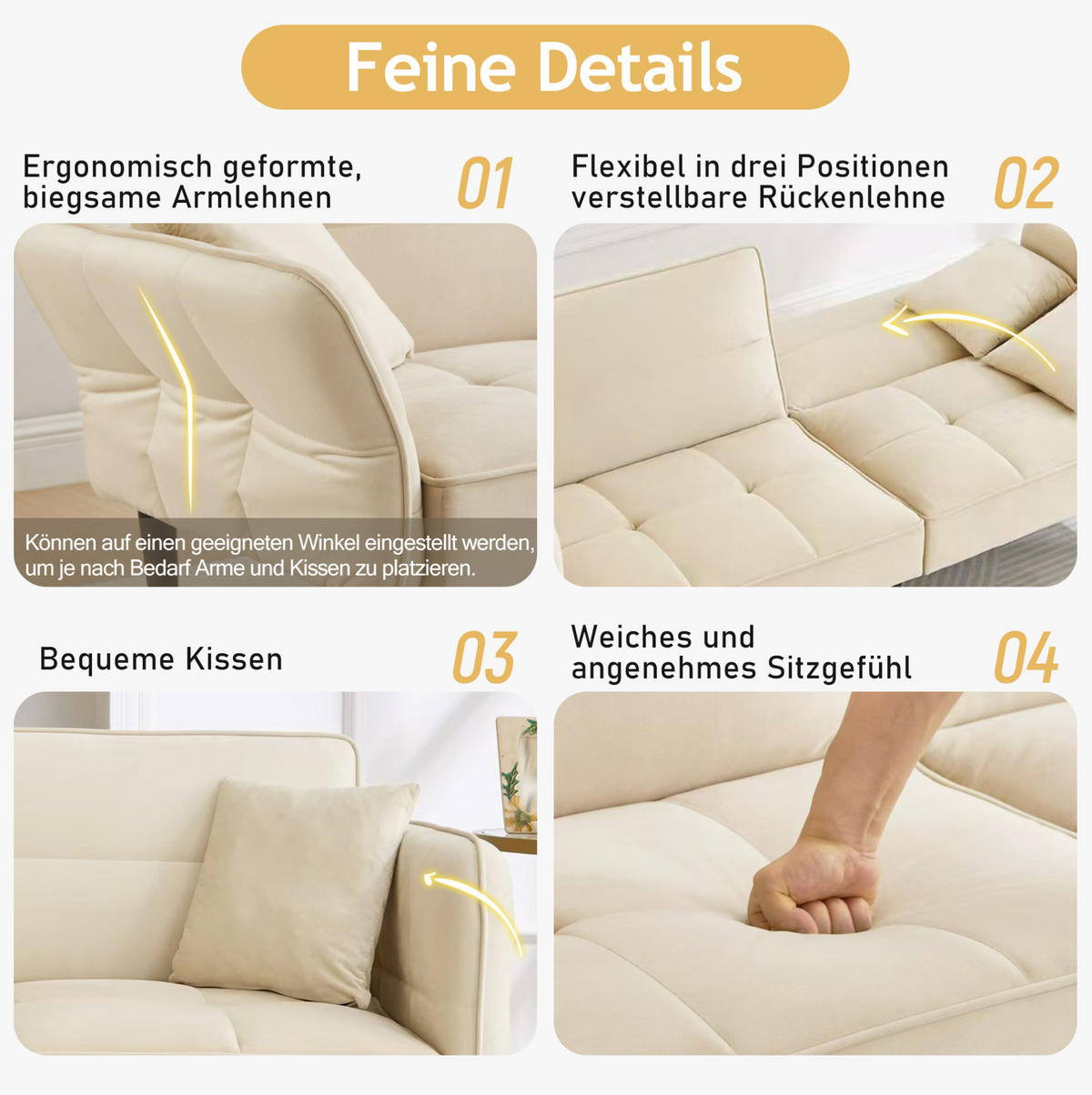 SCHLAFSOFA 2-Sitzer Samtbezug mit verstellbaren Rückenlehnen und klappbaren Armlehnen Beige 176/78/76 cm - Beige, Textil (78/76/176cm) - Redom