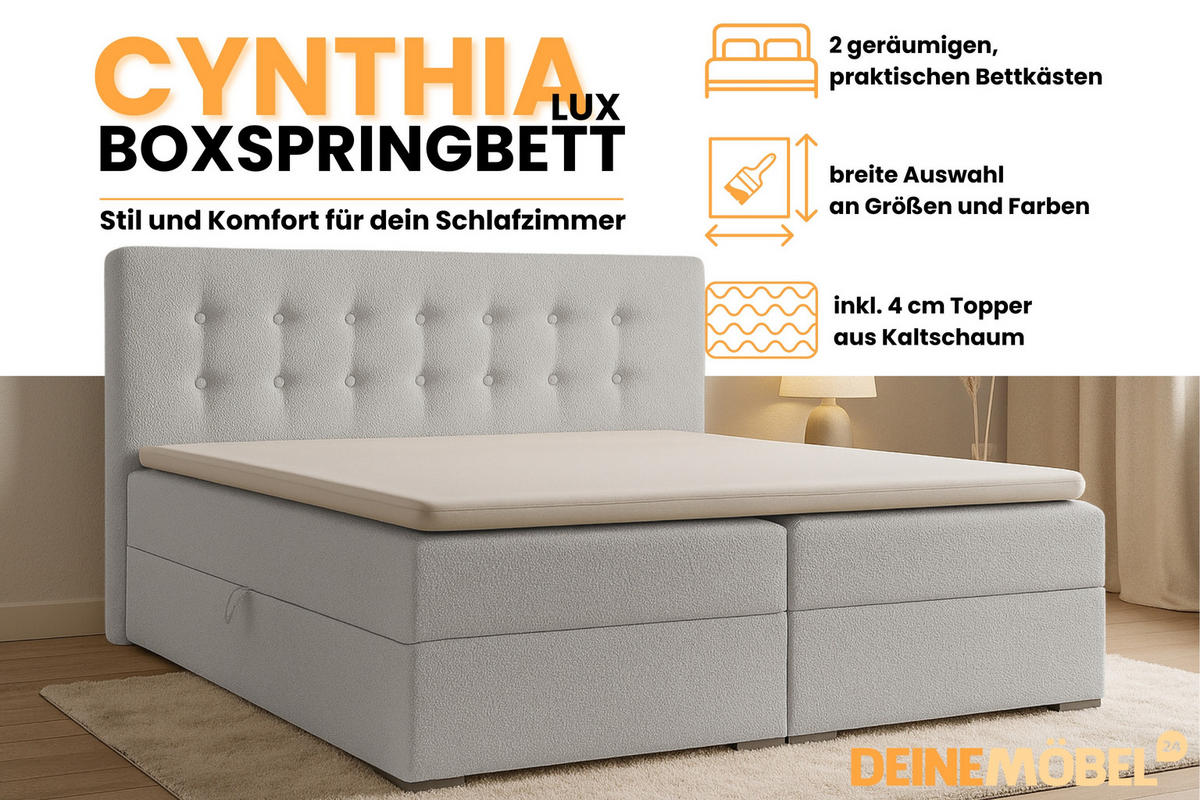 BOXBETT CYNTHIA LUX 160/200 in Boucle Hellgrau H3 - Hellgrau, Holzwerkstoff (160/200cm) - Deine Möbel 24