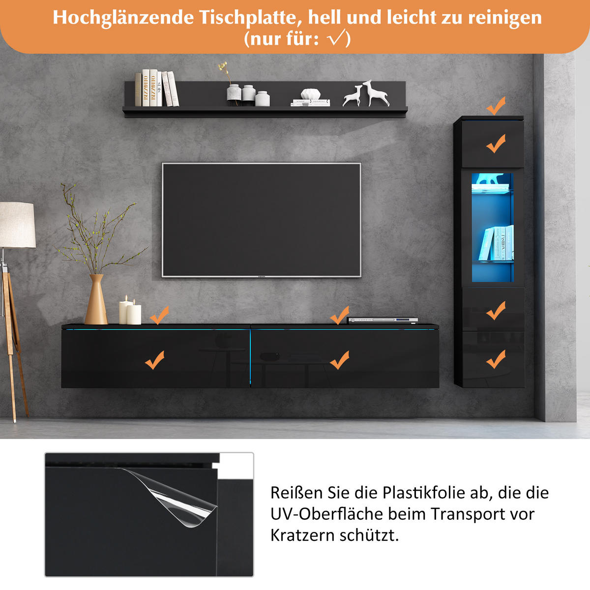 WOHNWAND 3-teilig LED Hochglanz Schwarz 80 Zoll - Schwarz, Holzwerkstoff (207/130/30cm) - FLIEKS