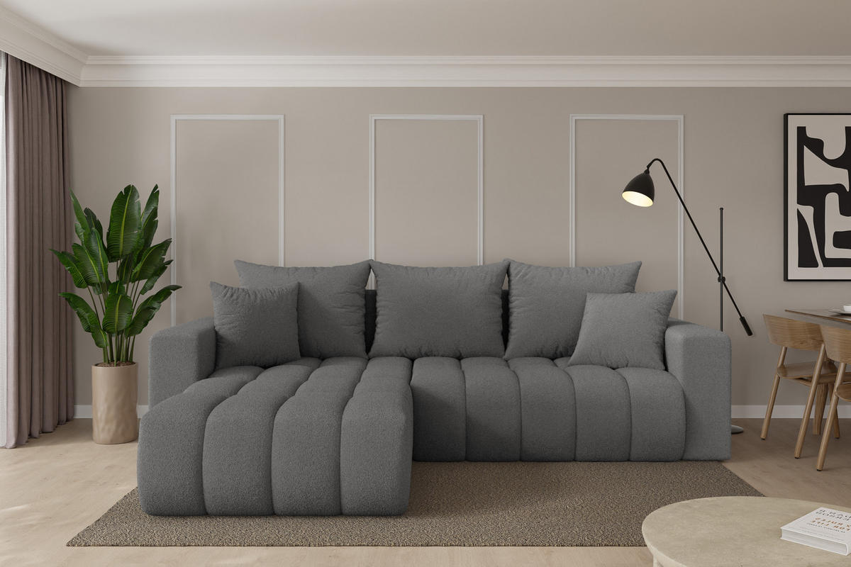 ROHOVÁ SEDAČKA s funkcí spaní, otoman vlevo MILA-L-v1 277x195x86 šedá bouclé - šedá/černá, kompozitní dřevo/textil (277/194cm) - ALTDECOR