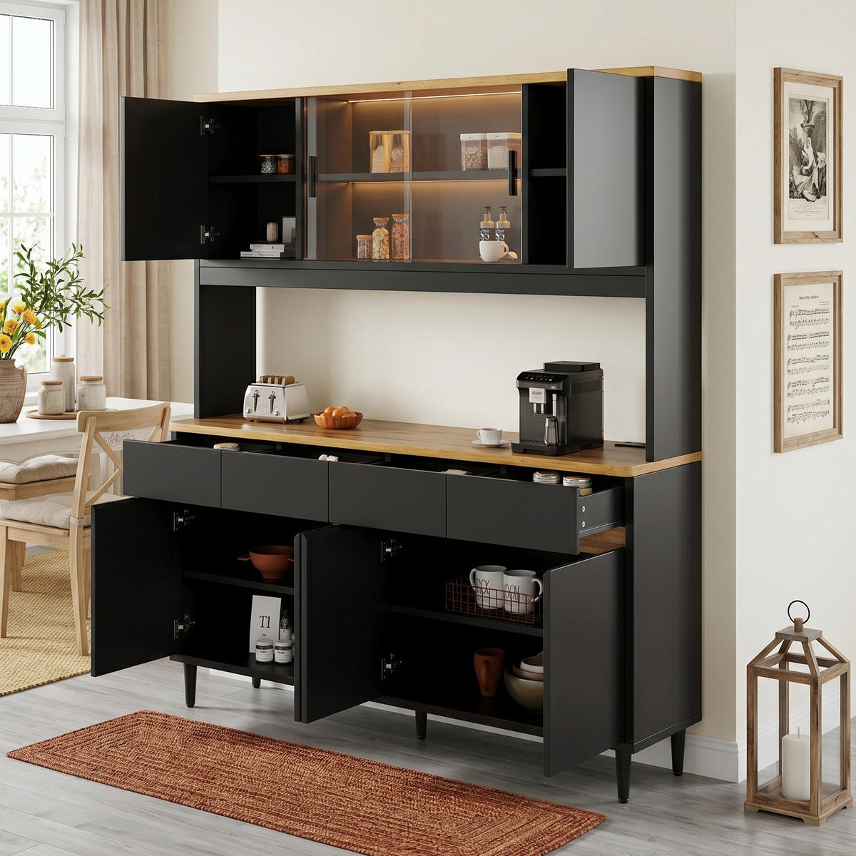 BUFFETSCHRANK 160x40x185cm LED Steckdose USB Schwarz Eiche - Schwarz, Holzwerkstoff (160/185/40cm) - FLIEKS
