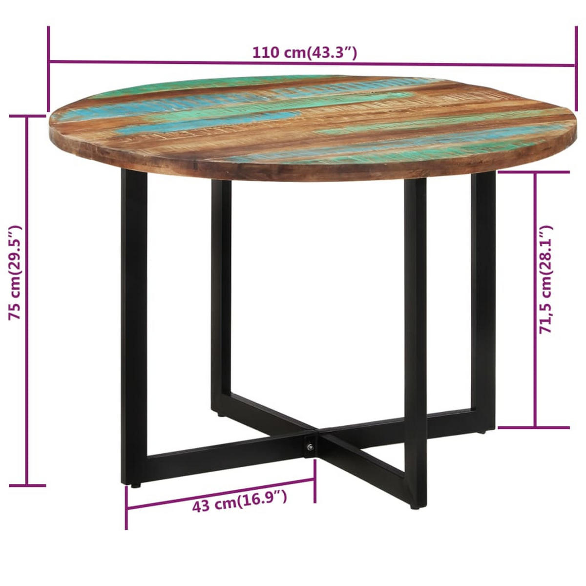 ESSTISCH, Runden, 110/75 cm, aus Recyceltes Massivholz und Eisen - Multicolor, Holz (110/110/75cm) - vidaXL
