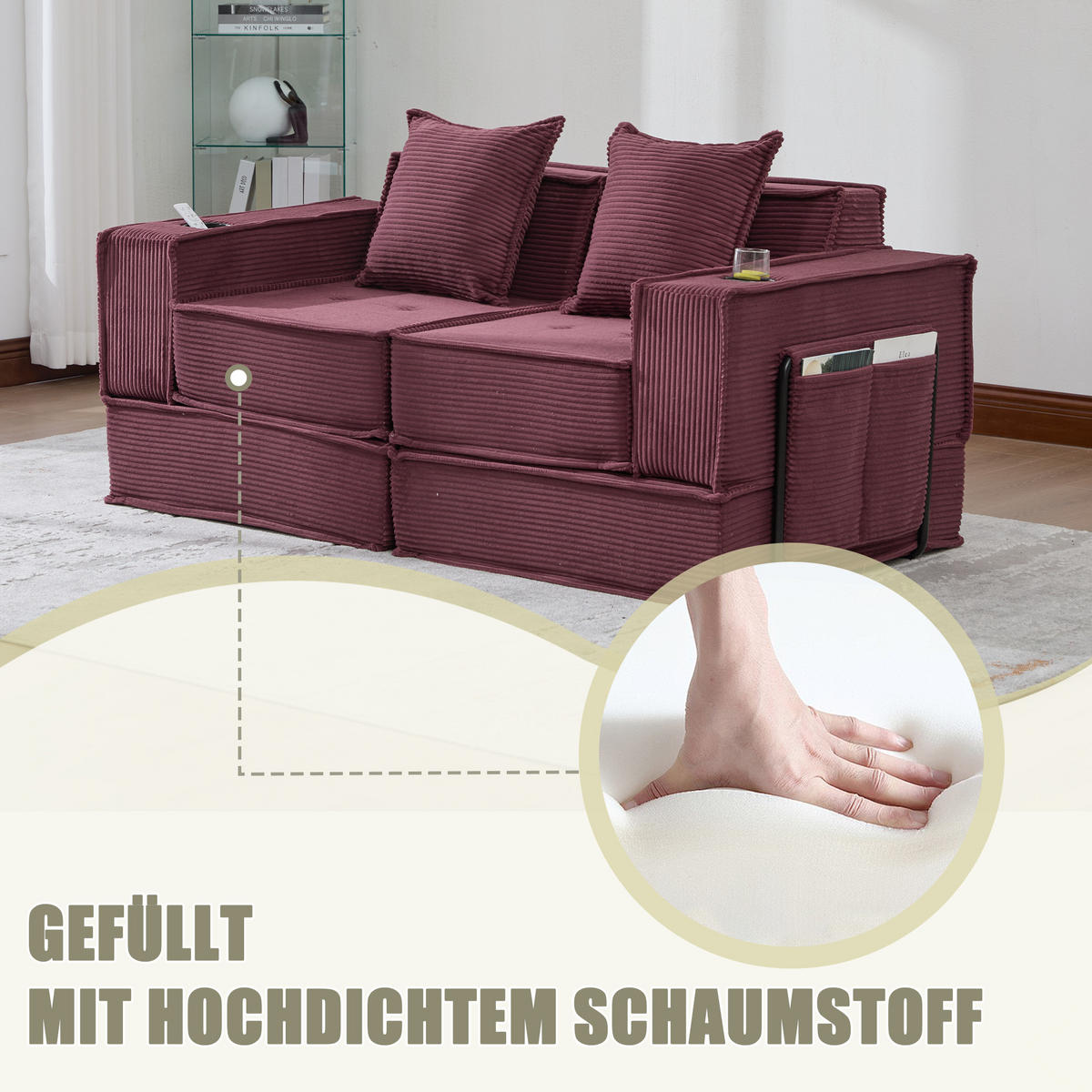 SCHLAFSOFA 162/78/66 cm Weinrot Cord mit seitlichem Stauraum und Getränkehaltern - Weinrot, Textil (162/66/78cm) - Oxeza