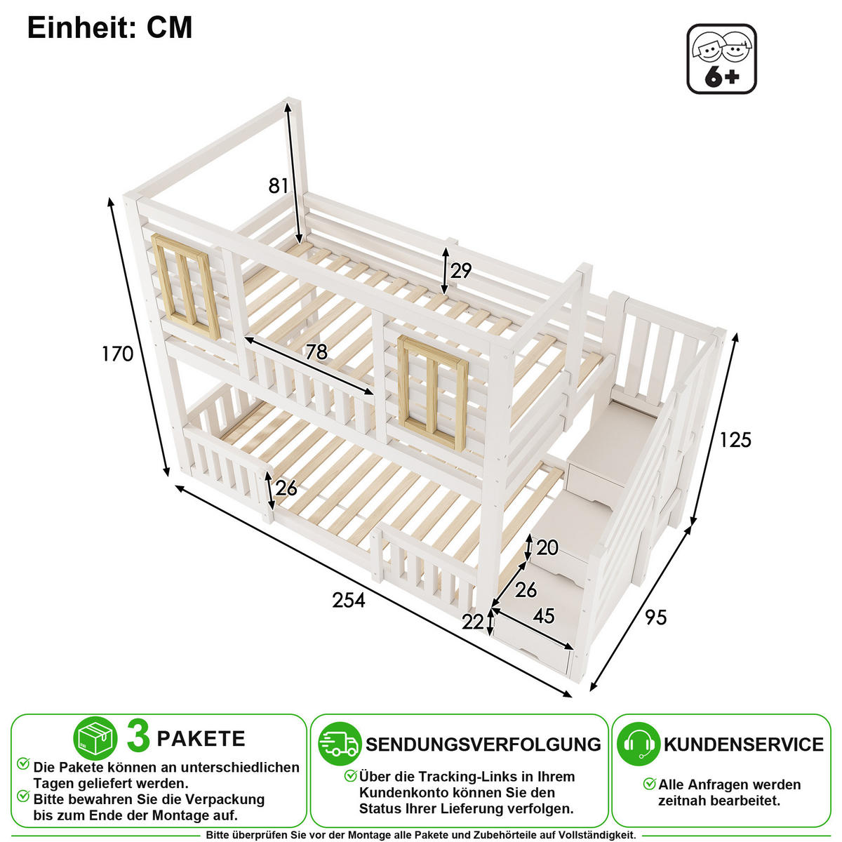 ETAGENBETT 90/200 cm & 90/200 cm in Weiß mit Treppenschrank und Holzfenstern - Weiß, Holz/Holzwerkstoff (90/200cm) - CHICFURN