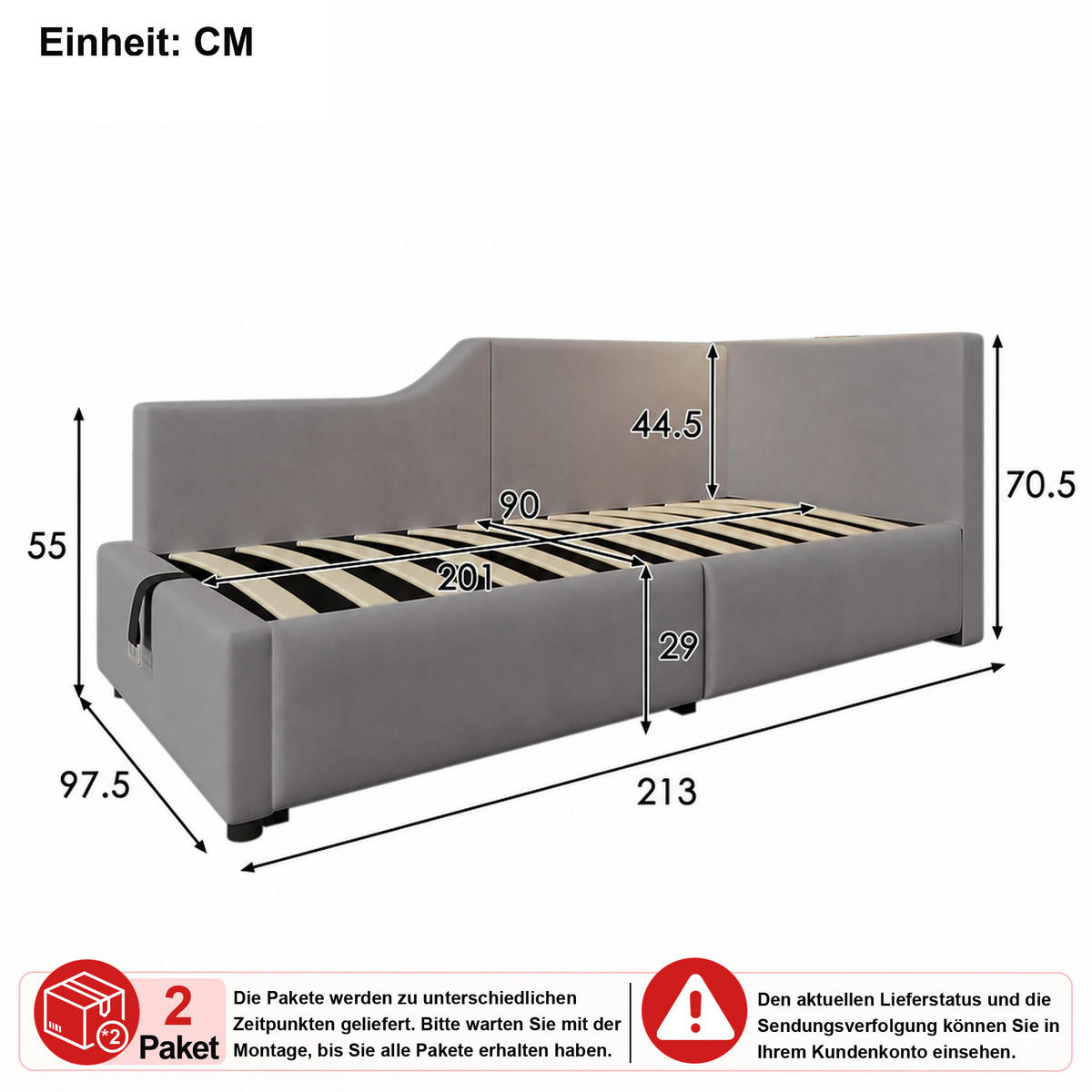 ČALOUNĚNÁ POSTEL 90 × 200 cm v šedém sametu s úložným prostorem, lampičkou na čtení a USB-C - šedá, kov/kompozitní dřevo (90/200cm) - WISHDOR